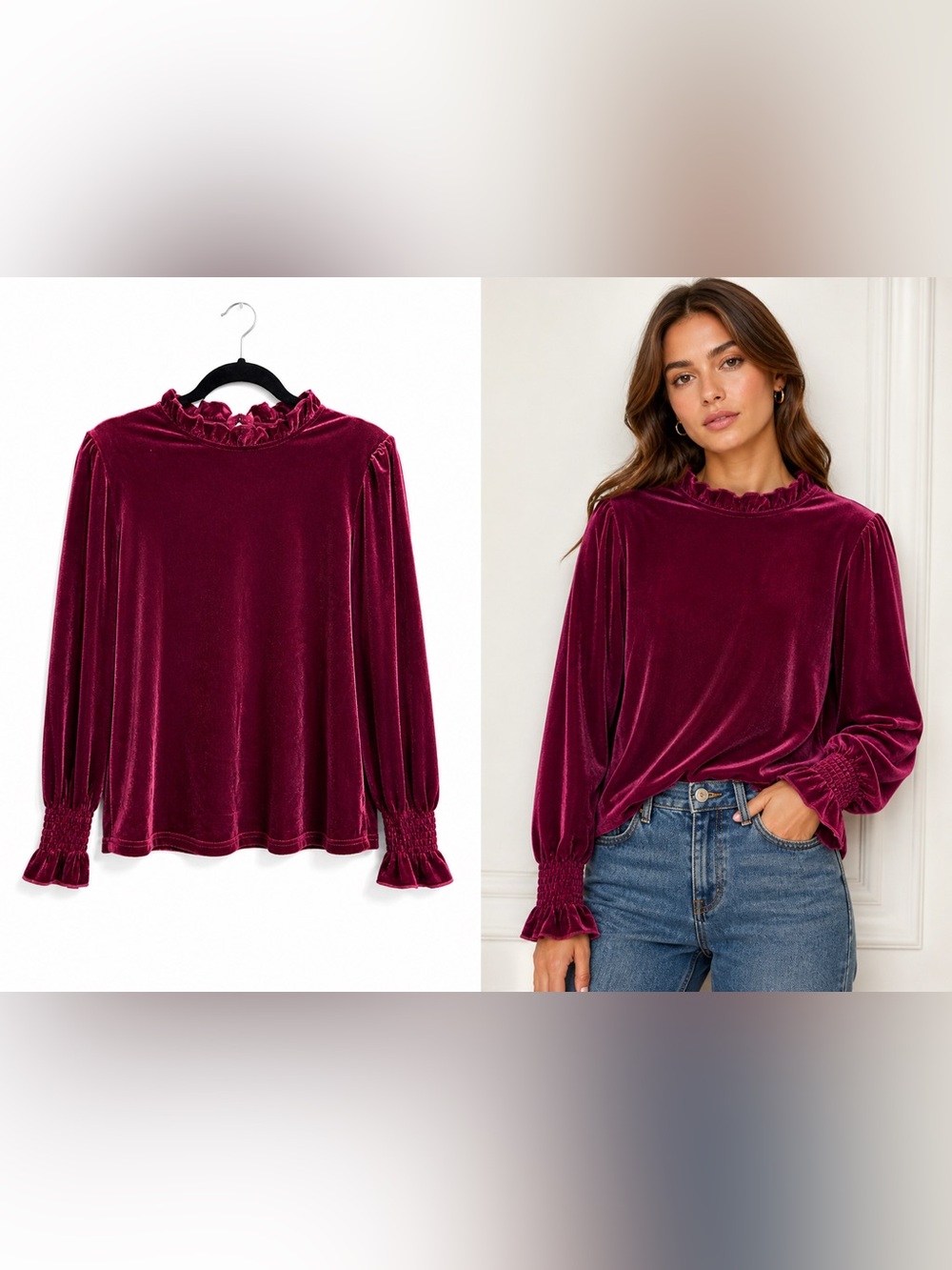 SHEIN Velvet Ruffle Mock Neck Long-Sleeve Top - Wine